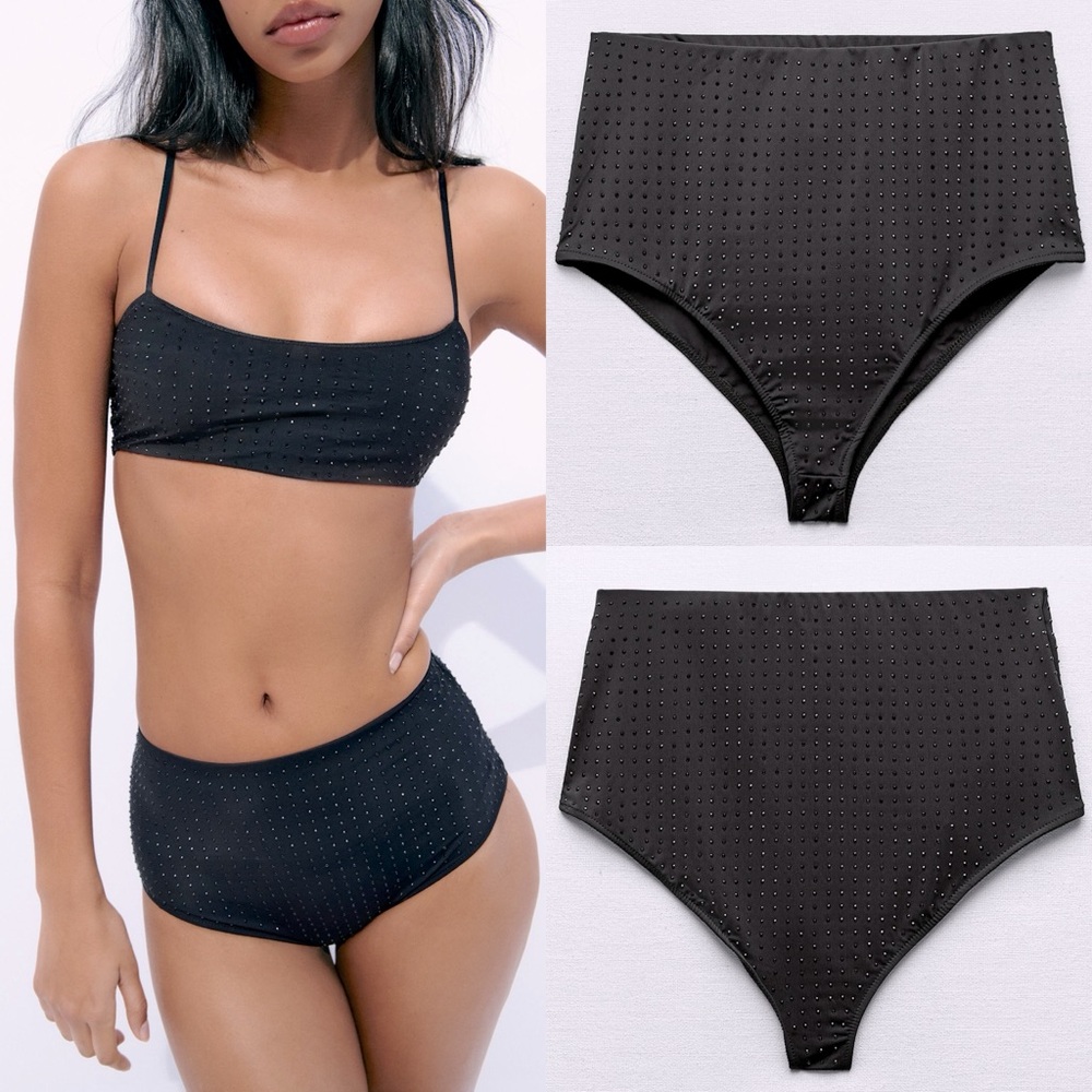 Zara RHINESTONE CULOTTE BOTTOMS Bathing Suit BIKINI PANTY HIGH WAIST Black NEW